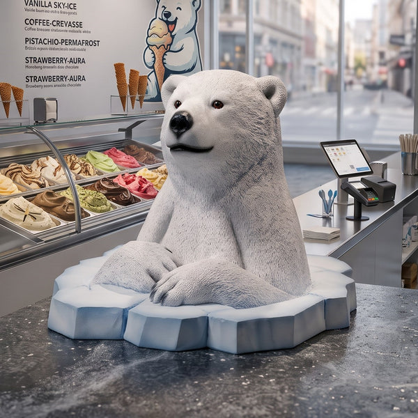 Heinimex Peeking Polar Bear Cub animal figure, textured faux-fur and sculpted ice finish, playful winter holiday display life style photo