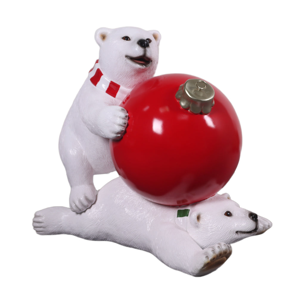 Heinimex Polar Bear Cubs with Christmas Ball Christmas decor, textured faux-fur and glossy painted finish, playful winter holiday display style angle view