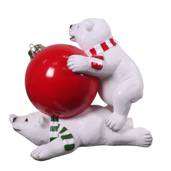 Heinimex Polar Bear Cubs with Christmas Ball Christmas decor, textured faux-fur and glossy painted finish, playful winter holiday display style side view