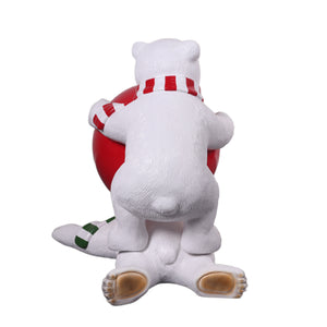 Heinimex Polar Bear Cubs with Christmas Ball Christmas decor, textured faux-fur and glossy painted finish, playful winter holiday display style back view