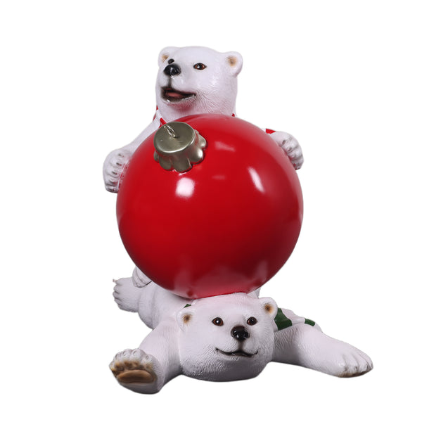 Heinimex Polar Bear Cubs with Christmas Ball Christmas decor, textured faux-fur and glossy painted finish, playful winter holiday display style front view