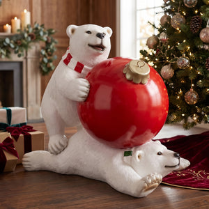 Heinimex Polar Bear Cubs with Christmas Ball Christmas decor, textured faux-fur and glossy painted finish, playful winter holiday display life style photo.