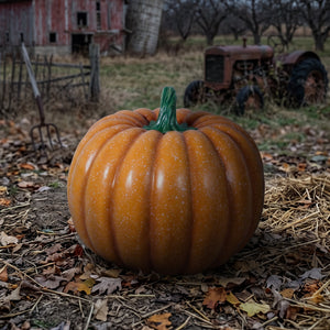 Heinimex 80cm Pumpkin Halloween decor, speckled orange painted finish, realistic rustic autumn display life style photo.