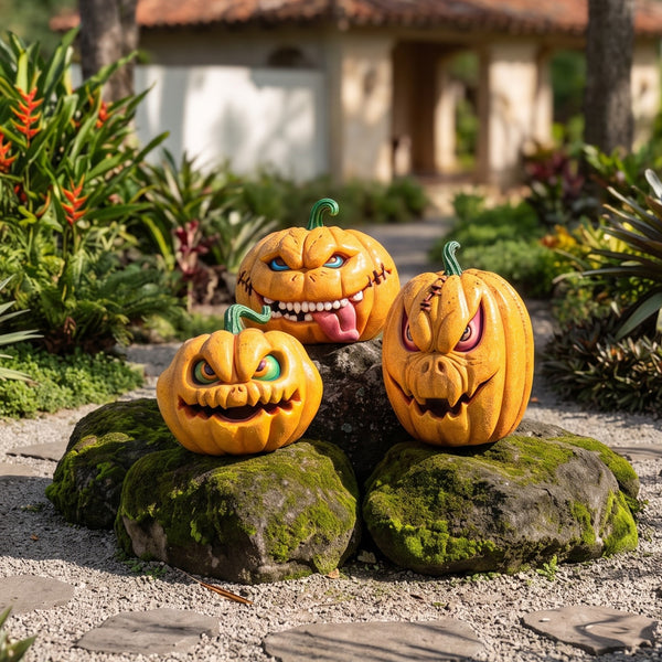 Heinimex Pumpkin Brothers Halloween decor, speckled orange painted finish, spooky animated haunted house life style photo.