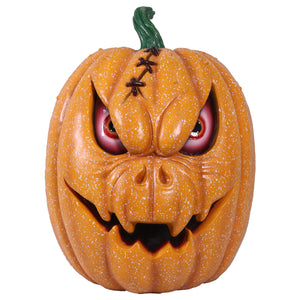 Heinimex Pumpkin Brothers - Larry Halloween decor, speckled orange painted finish, spooky animated haunted house style front view