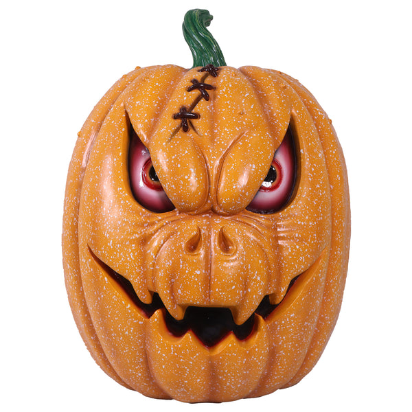 Heinimex Pumpkin Brothers - Larry Halloween decor, speckled orange painted finish, spooky animated haunted house style front view