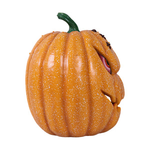 Heinimex Pumpkin Brothers - Larry Halloween decor, speckled orange painted finish, spooky animated haunted house style side view