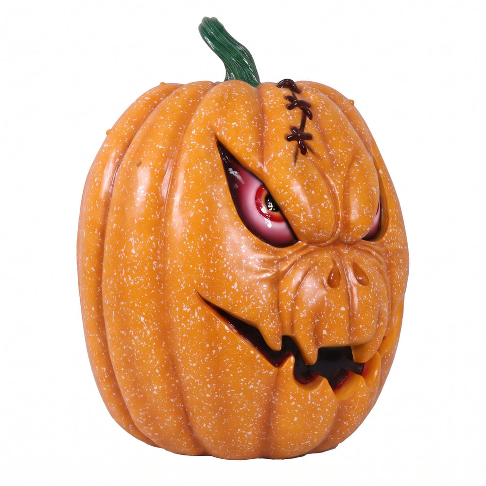 Heinimex Pumpkin Brothers - Larry Halloween decor, speckled orange painted finish, spooky animated haunted house style angle view