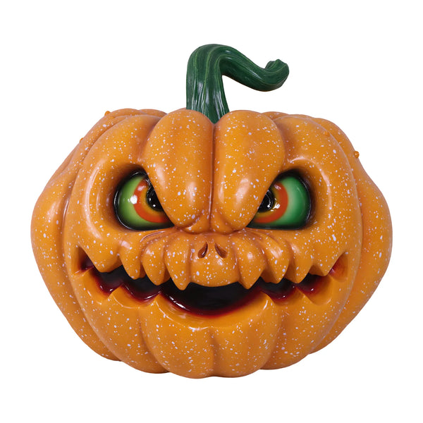 Heinimex Pumpkin Brothers - Moe Halloween decor, speckled orange painted finish, spooky animated haunted house style front view