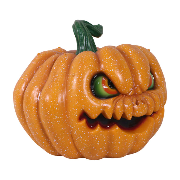 Heinimex Pumpkin Brothers - Moe Halloween decor, speckled orange painted finish, spooky animated haunted house style angle view