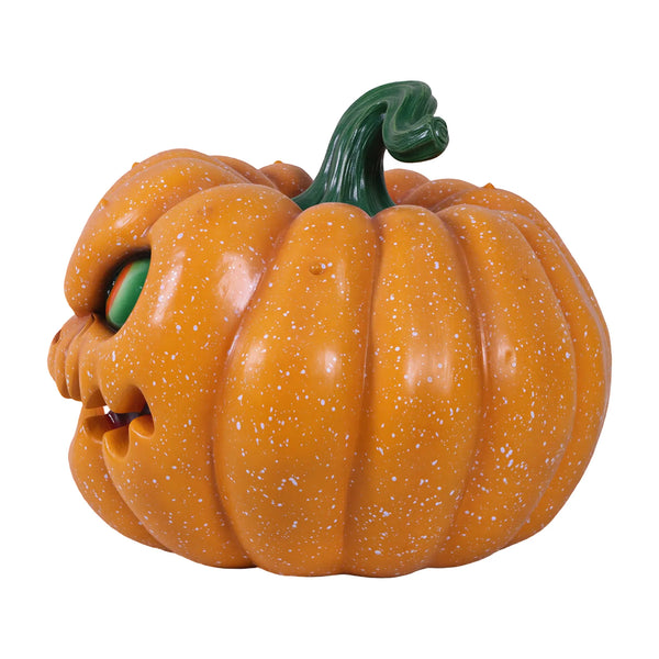 Heinimex Pumpkin Brothers - Moe Halloween decor, speckled orange painted finish, spooky animated haunted house style side view