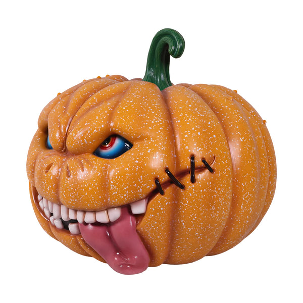 Heinimex Pumpkin Brothers - Curly Halloween decor, speckled orange painted finish, spooky animated haunted house style angle view