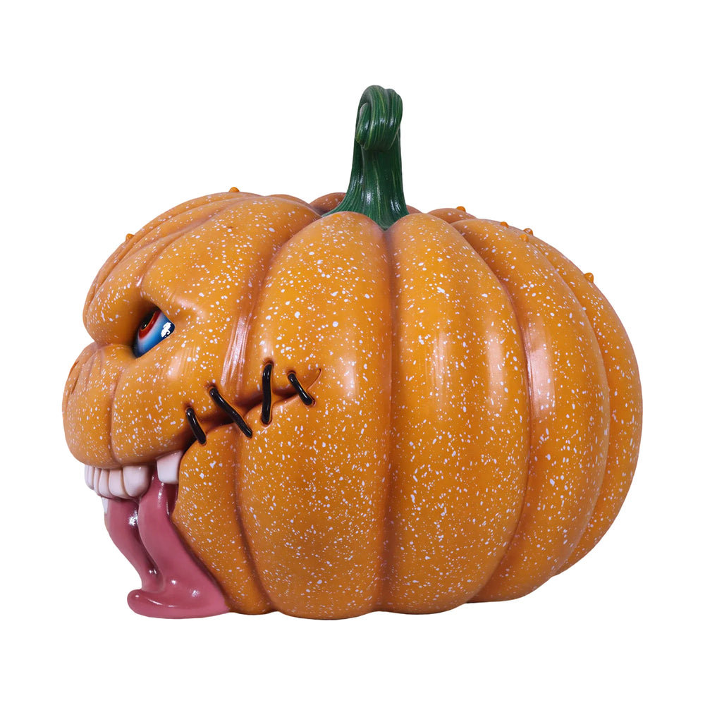 Heinimex Pumpkin Brothers - Curly Halloween decor, speckled orange painted finish, spooky animated haunted house style angle view