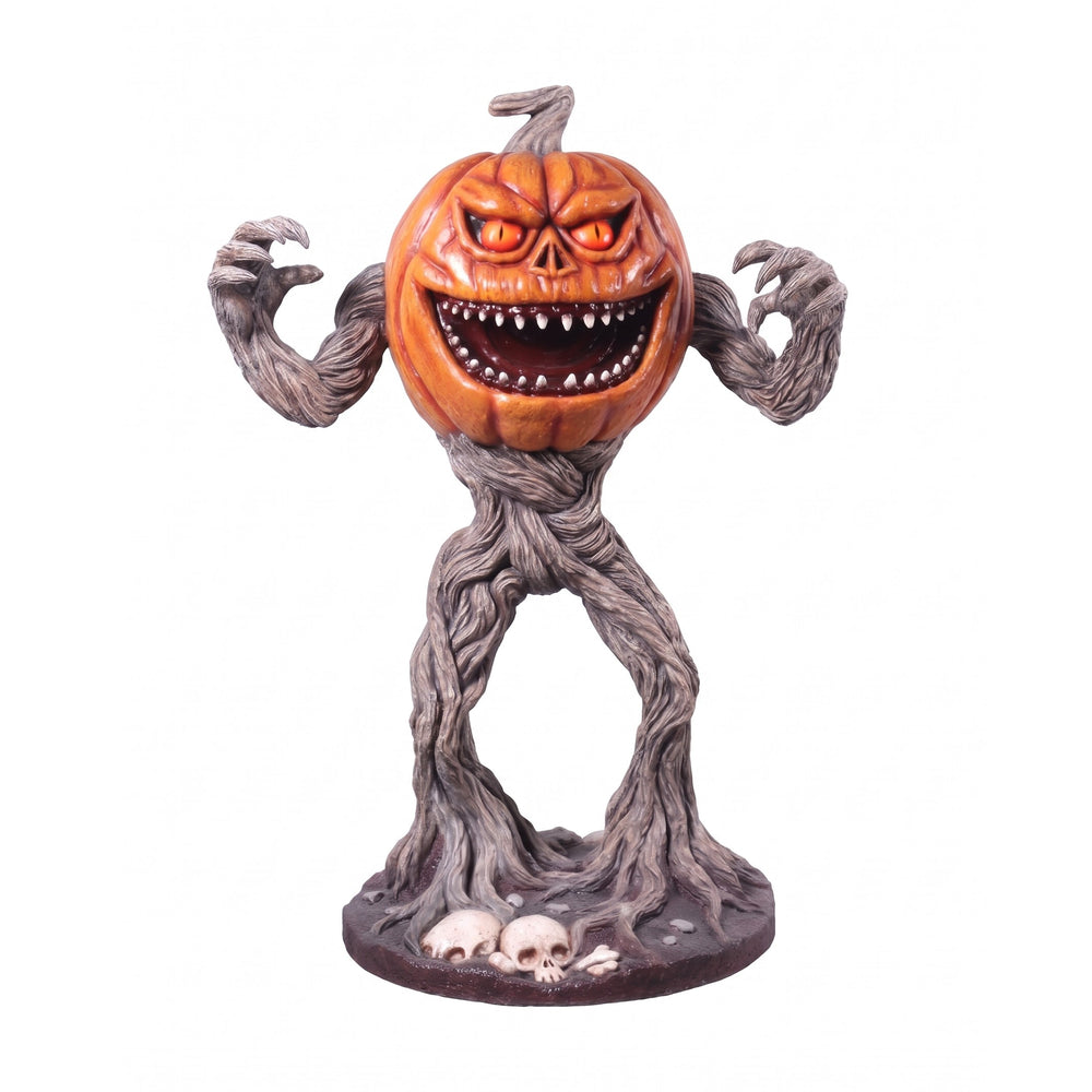 Heinimex Pumpkin Monster 5ft Halloween decor, realistic textured orange pumpkin with gnarled twisted root body and skull base, eerie outdoor haunted patch display style anggle view