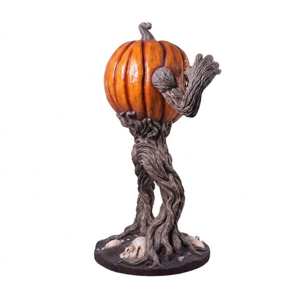 Heinimex Pumpkin Monster 5ft Halloween decor, realistic textured orange pumpkin with gnarled twisted root body and skull base, eerie outdoor haunted patch display styleright side view