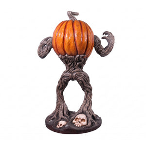 Heinimex Pumpkin Monster 5ft Halloween decor, realistic textured orange pumpkin with gnarled twisted root body and skull base, eerie outdoor haunted patch display style back view