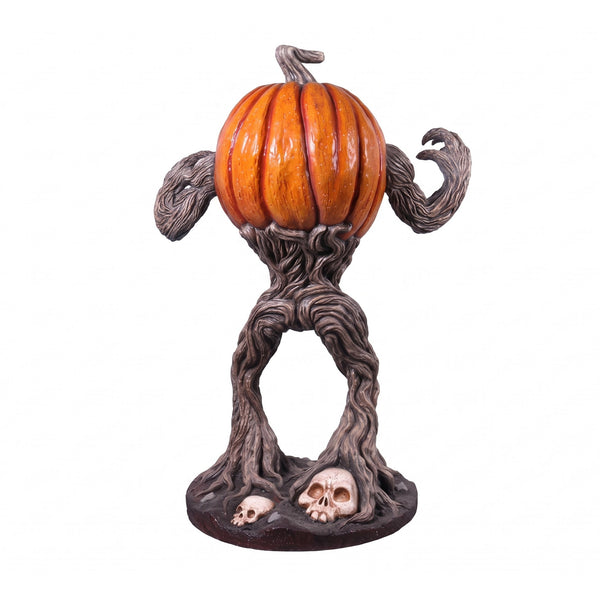 Heinimex Pumpkin Monster 5ft Halloween decor, realistic textured orange pumpkin with gnarled twisted root body and skull base, eerie outdoor haunted patch display style back view