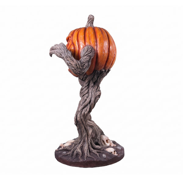 Heinimex Pumpkin Monster 5ft Halloween decor, realistic textured orange pumpkin with gnarled twisted root body and skull base, eerie outdoor haunted patch display style left side view