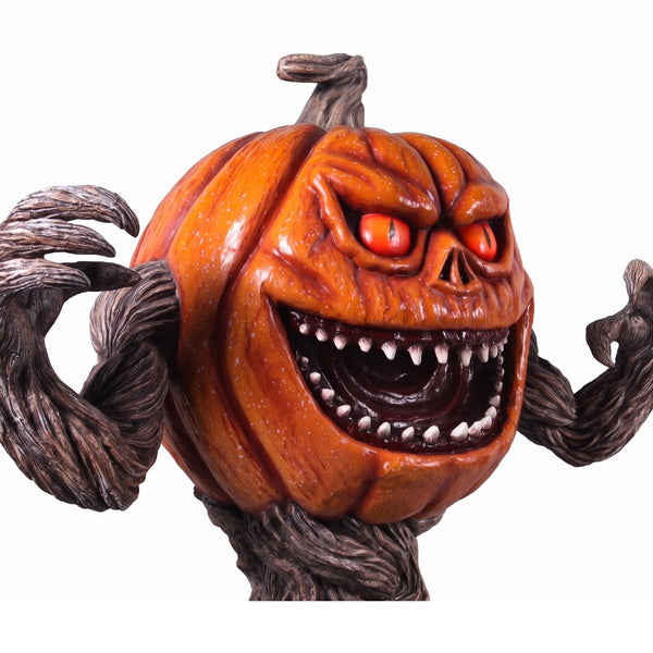 Heinimex Pumpkin Monster 5ft Halloween decor, realistic textured orange pumpkin with gnarled twisted root body and skull base, eerie outdoor haunted patch display style close up detail