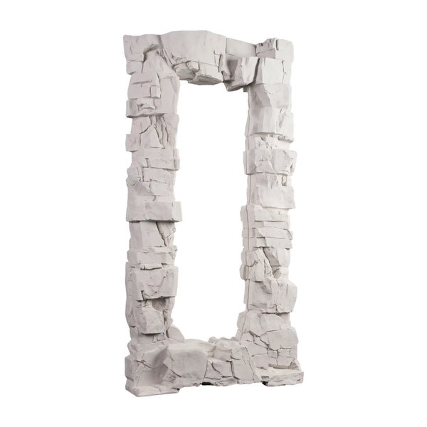 Heinimex Rocky Ridge Dress Mirror, textured white stone finish, modern organic luxury style angle view