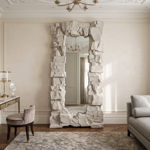 Heinimex Rocky Ridge Dress Mirror, textured white stone finish, modern organic luxury life style photo