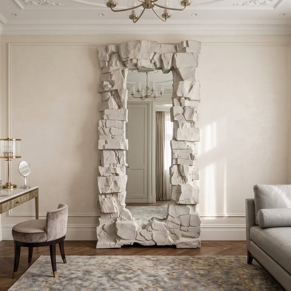 Heinimex Rocky Ridge Dress Mirror, textured white stone finish, modern organic luxury life style photo