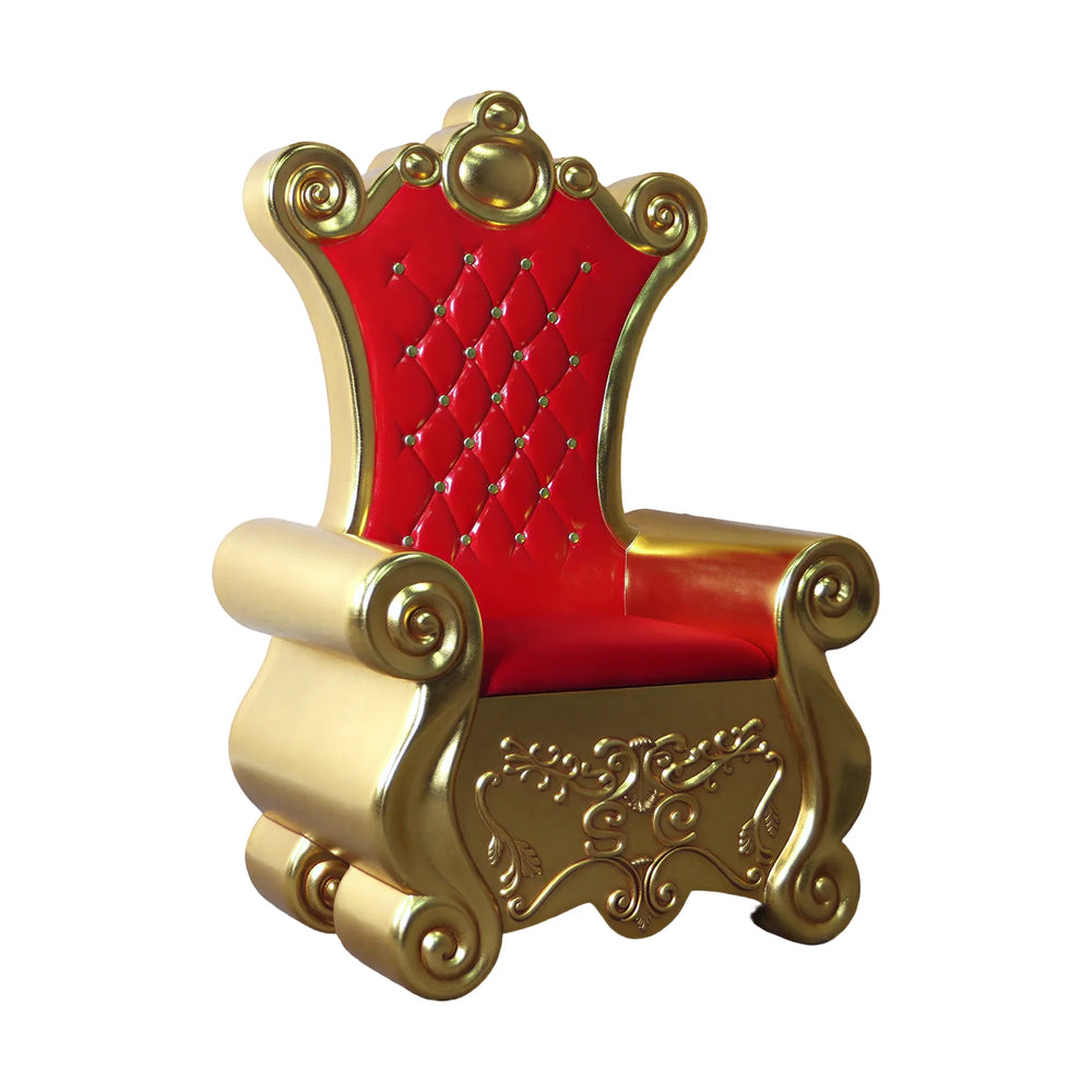 Heinimex Royal Throne Christmas decor, metallic gold leaf finish with tufted red upholstery, classic luxury holiday display style angle view