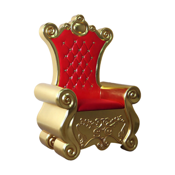 Heinimex Royal Throne Christmas decor, metallic gold leaf finish with tufted red upholstery, classic luxury holiday display style angle view