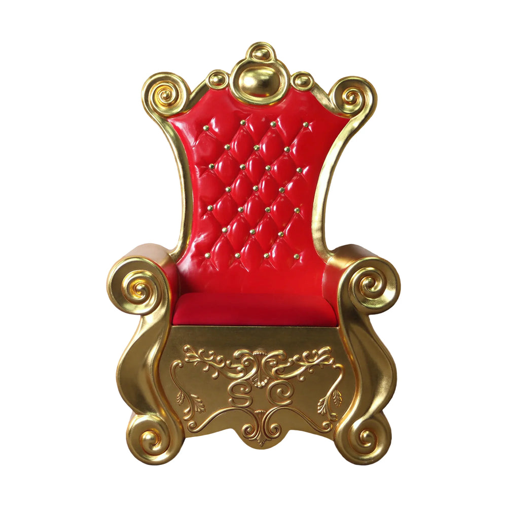 Heinimex Royal Throne Christmas decor, metallic gold leaf finish with tufted red upholstery, classic luxury holiday display style angle view
