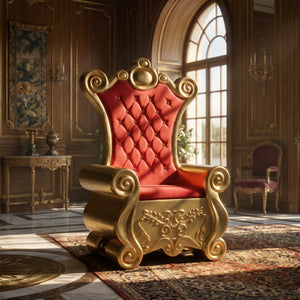 Heinimex Royal Throne Christmas decor, metallic gold leaf finish with tufted red upholstery, classic luxury holiday display lifestyle photo