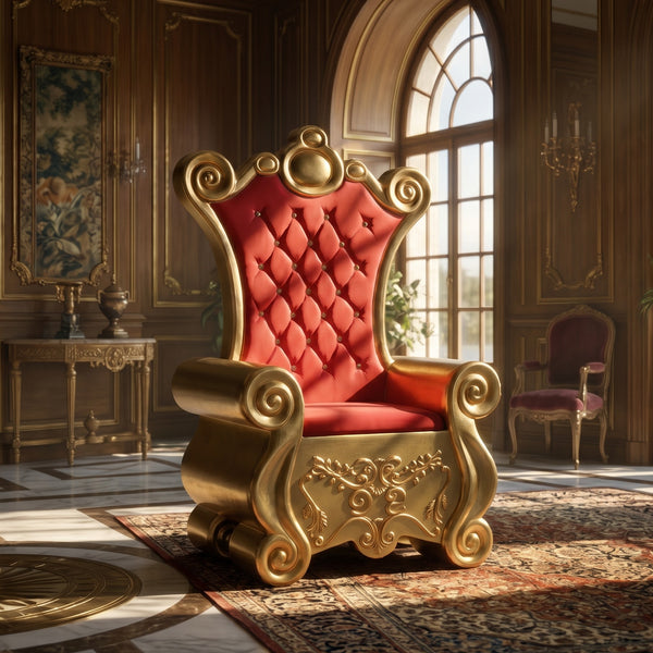 Heinimex Royal Throne Christmas decor, metallic gold leaf finish with tufted red upholstery, classic luxury holiday display lifestyle photo