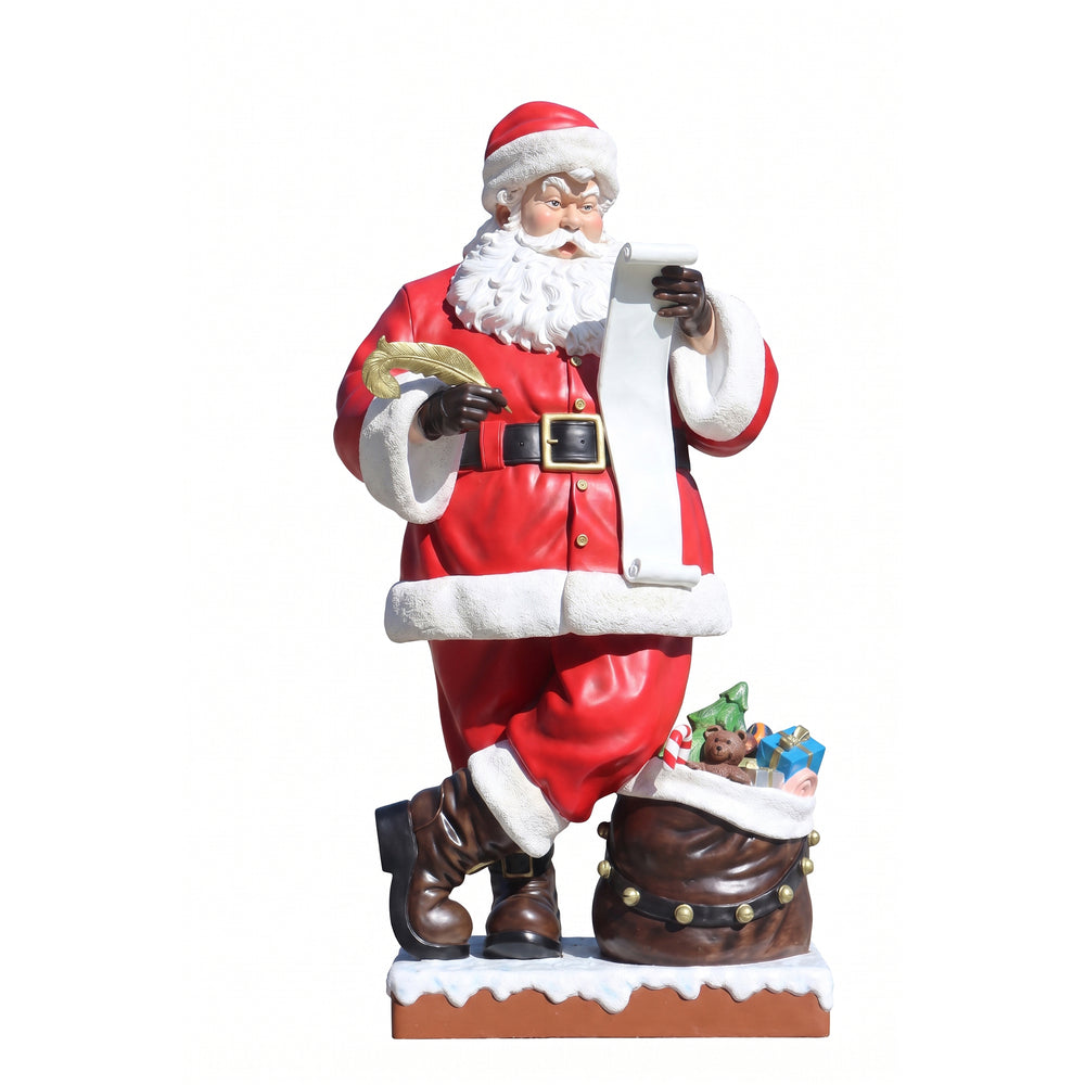 Heinimex Santa 9ft w/ Wish List and Gifts Christmas decor, vibrant painted finish with textured faux-fur trim, classic monumental holiday display style front view