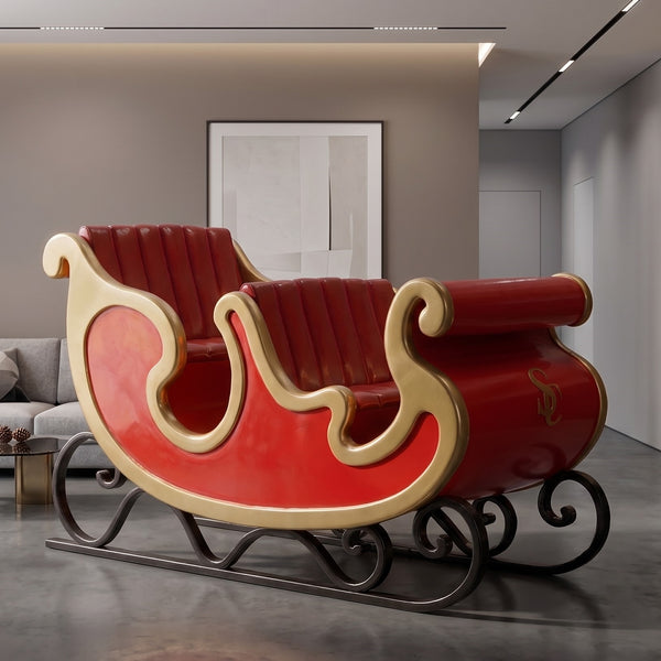 Heinimex Santa's Sleigh - Foursome Christmas decor, vibrant red finish with gold trim and tufted seating, classic luxury holiday display life style photo.