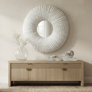 Heinimex Sea Urchin Mirror 110cm wall decor, textured white stone finish, modern coastal luxury lifestyle photo.