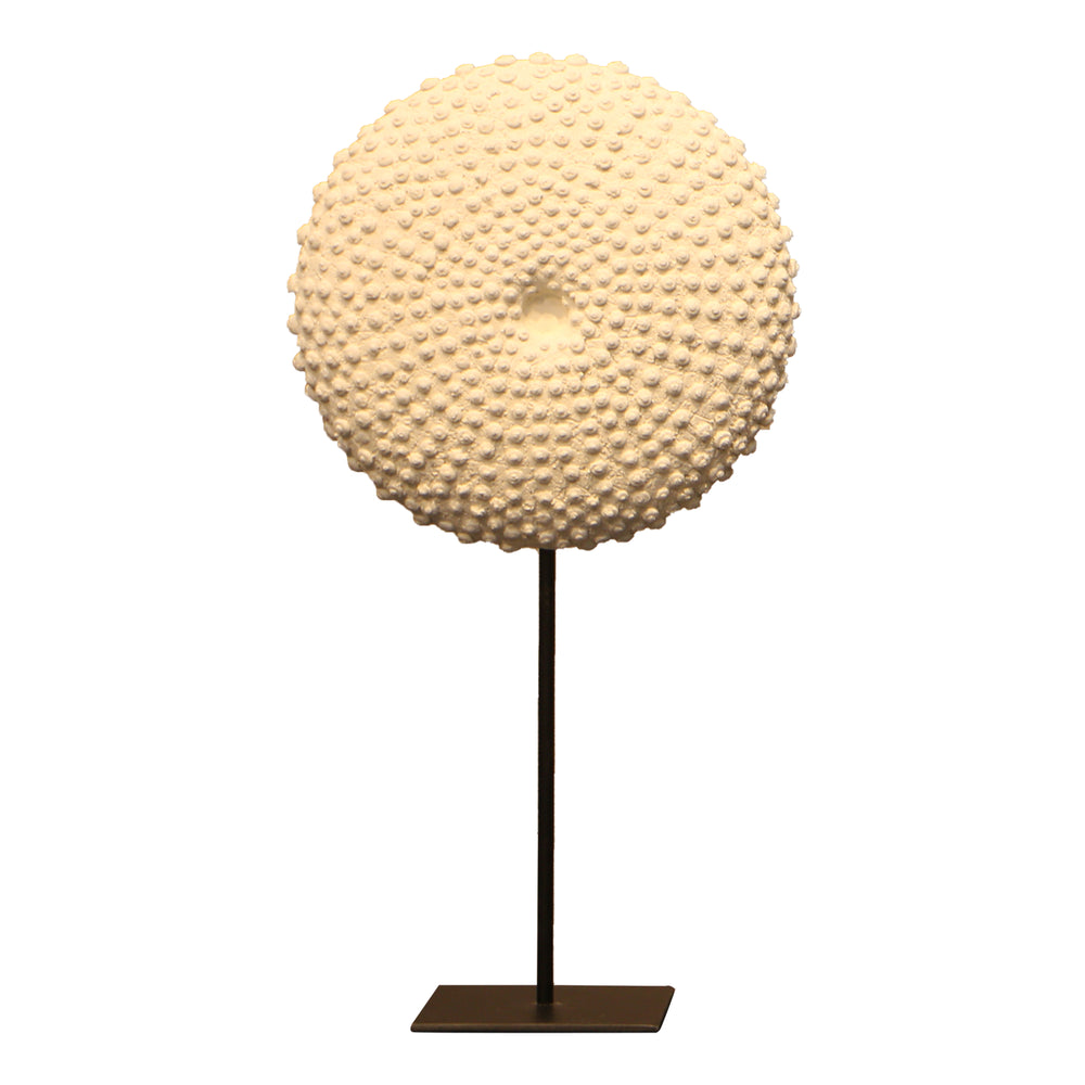 Heinimex Sea Urchin on Stand centerpiece, textured white stone finish with black metal stand, modern coastal luxury style 16 inches in front view