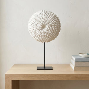 Heinimex Sea Urchin on Stand centerpiece, textured white stone finish with black metal stand, modern coastal luxury style 16inches  individual lifestyel photo