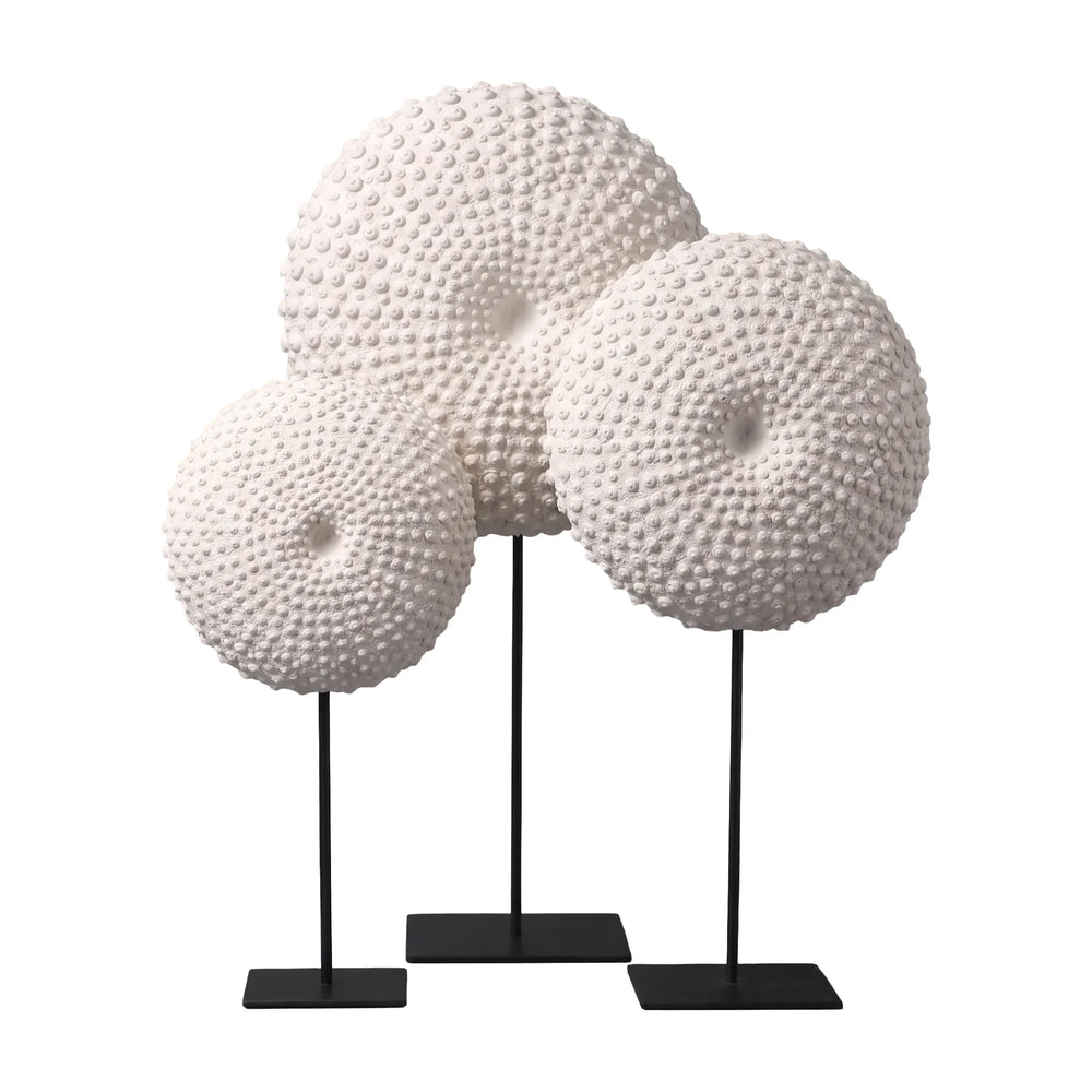 Heinimex Sea Urchin on Stand centerpiece, textured white stone finish with black metal stand, modern coastal luxury style 20inches on stand