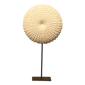 Heinimex Sea Urchin on Stand centerpiece, textured white stone finish with black metal stand, modern coastal luxury style 20inches on stand