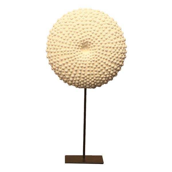 Heinimex Sea Urchin on Stand centerpiece, textured white stone finish with black metal stand, modern coastal luxury style 20inches on stand