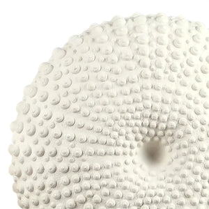 Heinimex Sea Urchin on Stand centerpiece, textured white stone finish with black metal stand, modern coastal luxury style 24inches close up detail