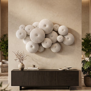 Heinimex Sea Urchin Wall Decor, textured white stone finish, modern coastal luxury lifestyle photo