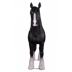 Heinimex Shire Horse statue, realistic matte black finish with textured white feathered hooves, rustic equestrian ranch display style front view