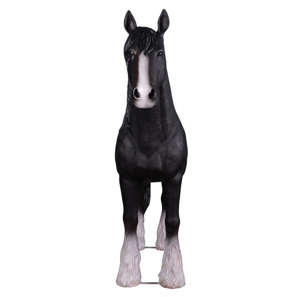 Heinimex Shire Horse statue, realistic matte black finish with textured white feathered hooves, rustic equestrian ranch display style front view
