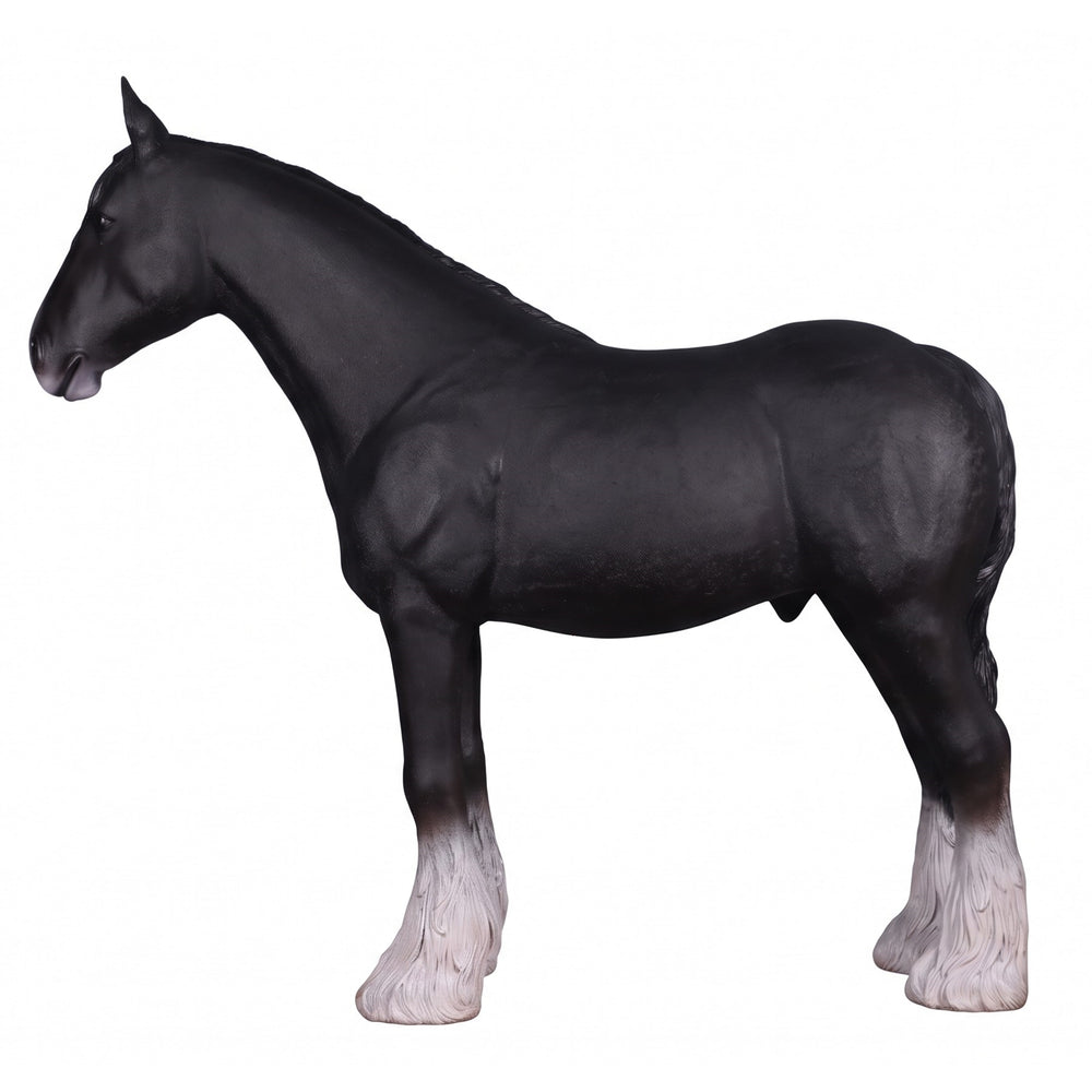 Heinimex Shire Horse statue, realistic matte black finish with textured white feathered hooves, rustic equestrian ranch display style right side view