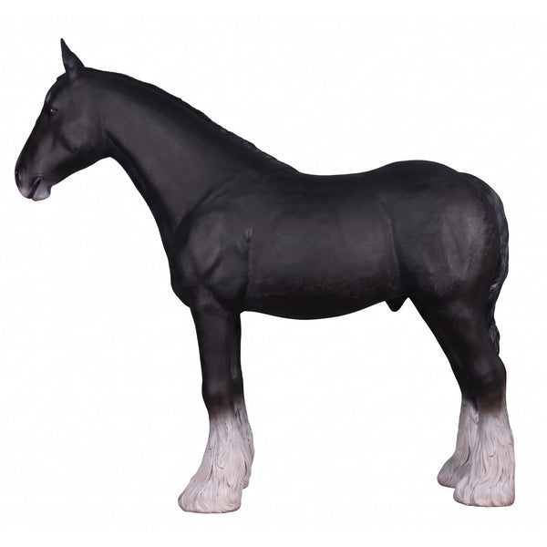 Heinimex Shire Horse statue, realistic matte black finish with textured white feathered hooves, rustic equestrian ranch display style right side view