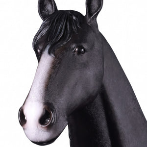 Heinimex Shire Horse statue, realistic matte black finish with textured white feathered hooves, rustic equestrian ranch display style close up detail
