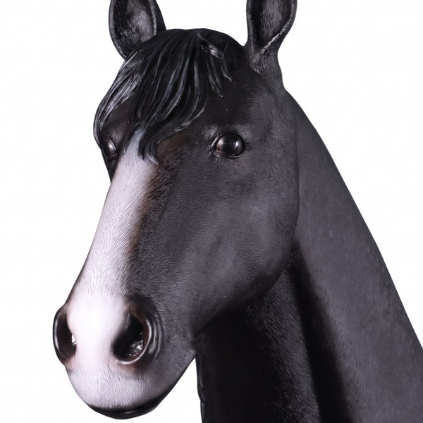 Heinimex Shire Horse statue, realistic matte black finish with textured white feathered hooves, rustic equestrian ranch display style close up detail