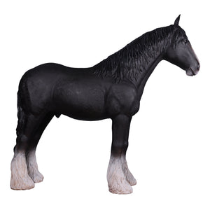 Heinimex Shire Horse statue, realistic matte black finish with textured white feathered hooves, rustic equestrian ranch display style left side view