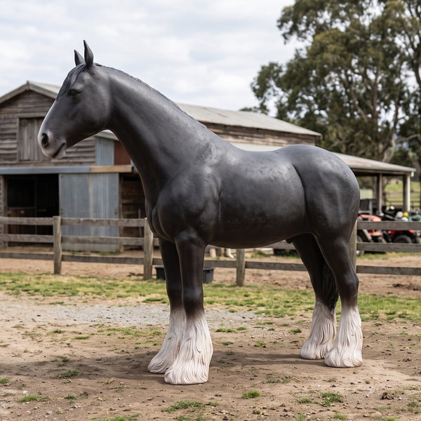 Heinimex Shire Horse statue, realistic matte black finish with textured white feathered hooves, rustic equestrian ranch display lifestyle photo