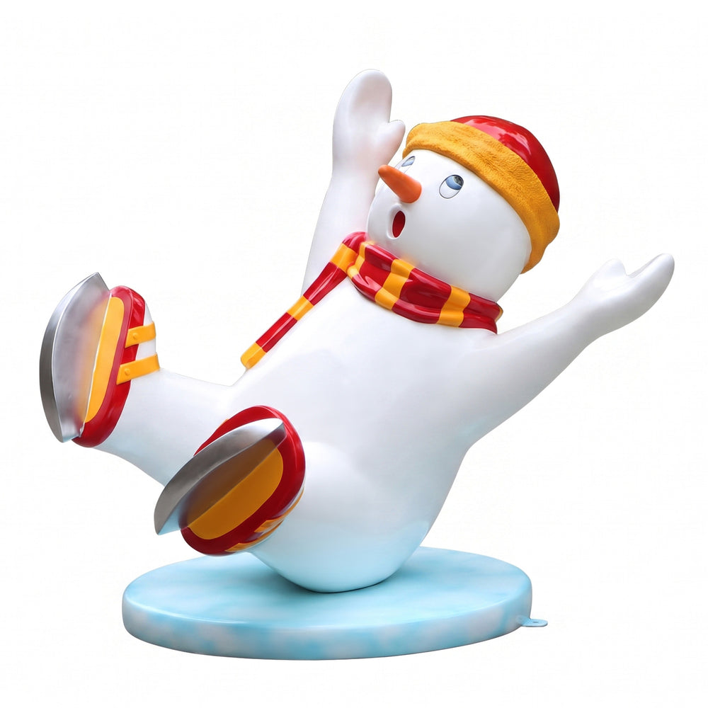 Heinimex Skating Snowman Family Boy Christmas decor, glossy painted finish with vibrant red and yellow accents, playful winter wonderland display style angle view